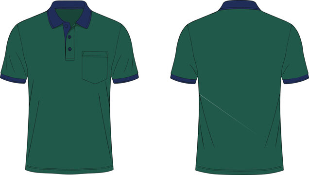 Technical fashion flat sketch of polo shirt front and back view with short sleeves, dark collar, chest pocket, three-button placket design