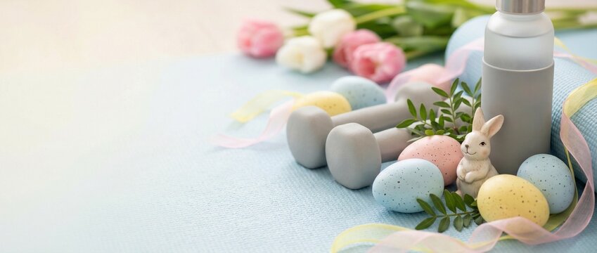 Fitness equipment and Easter decorations on pastel blue background  