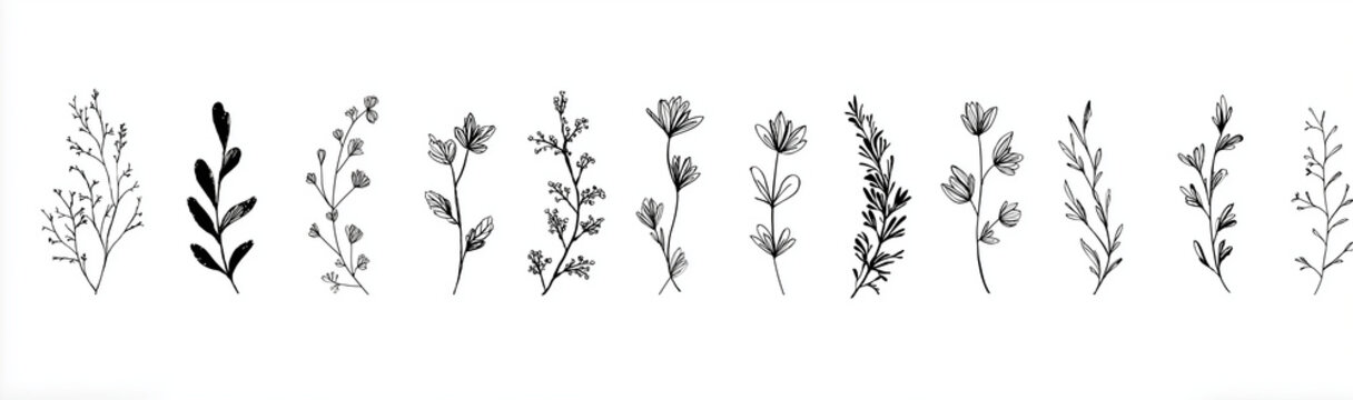 set of floral line borders and dividers, hand-drawn vector illustration with botanical elements for design on a white background. wreath, garland, and branch outline collection, flat lay, simple minim