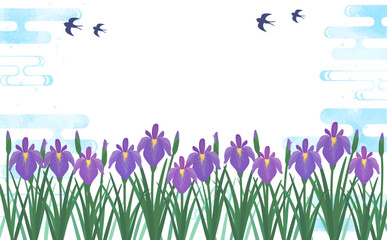 Naklejka premium 菖蒲と涼しげな水彩背景2_横