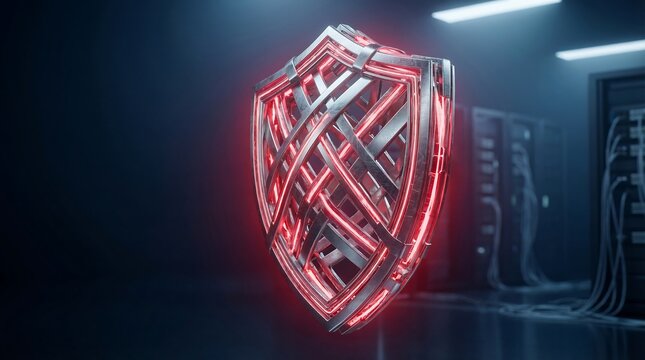 Glowing red shield symbolizing cybersecurity in modern server room