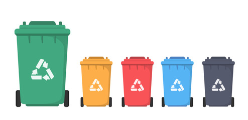 Plakat Colorful recycle bins with recycling symbol for waste sorting and environmental care