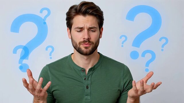 Man with question marks around his head