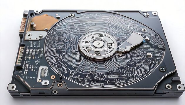 Opened Hard Disk Drive with Visible Platter and ReadWrite Head.