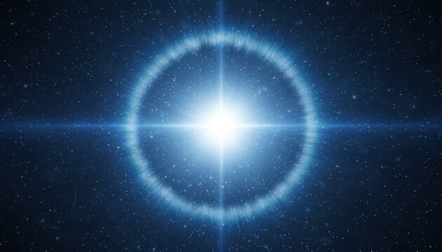 White star burst with blue halo glow, scattering glitter dust particles, deep space background, high detail cosmic lighting effect 