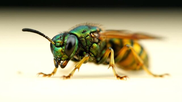 Closeup of a green metallic bee.