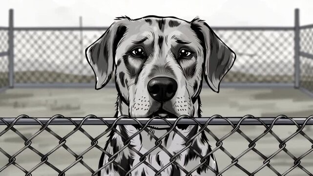 Dalmation dog behind chain link fence.