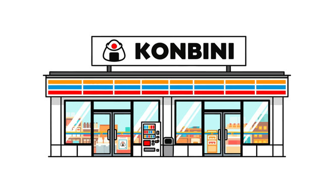Japanese Konbini Convenience Store Front Facade, Modern Design, Brightly Lit