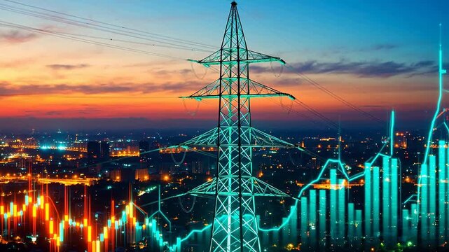 Electricity pylon and city skyline at dusk