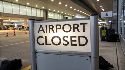 Airport closed sign at empty terminal
