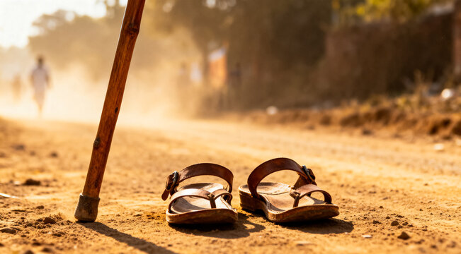 Traditional wooden walking stick and leather sandals on dusty road for peaceful protest concept
