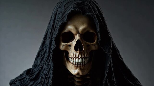 Skull in black hooded cloak