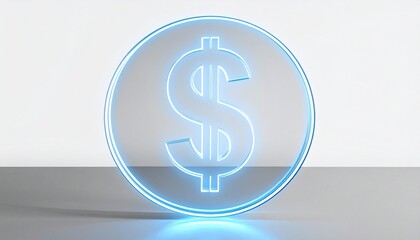 Obraz premium A glowing neon blue dollar sign enclosed in a circular outline, floating on reflective surface with soft shadow, symbolizing finance, currency, wealth, and modern economics.