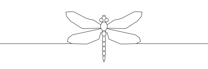 Minimalist continuous one line drawing of a dragonfly insect with wings spread on horizontal line. Editable stroke outline. Single contour art. Doodle hand drawn vector illustration © SomDraw