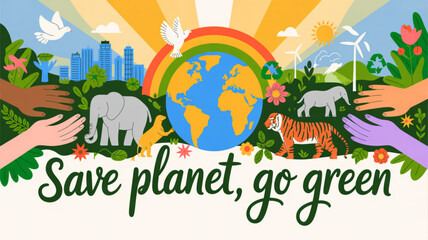 Fototapeta premium Earth surrounded by diverse hands animals and greenery with save planet go green text