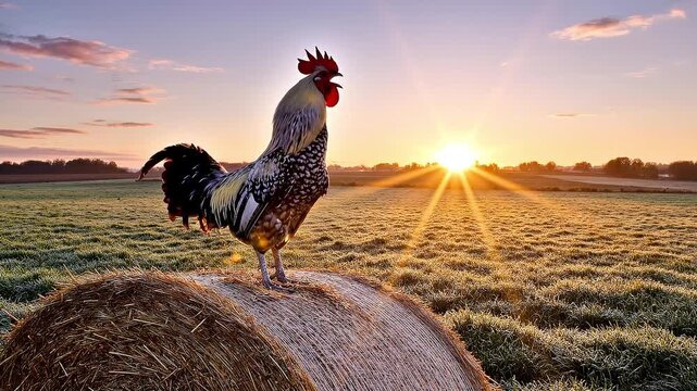 Rooster crowing on hay bale at sunrise in rural farm field