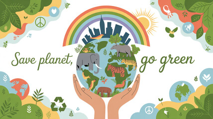 Fototapeta premium Eco friendly illustration of earth with rainbow and cityscape promoting sustainability and green initiatives with hands holding the globe