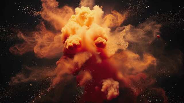 Orange smoke explosion with dynamic dust particles on black background vibrant abstract energy movement