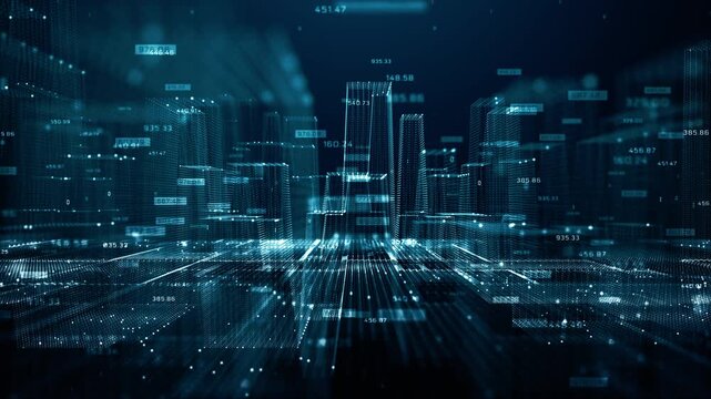 Abstract smart city concept with glowing digital buildings, data streams, and financial analytics overlay. Represents big data, artificial intelligence, IoT connectivity.