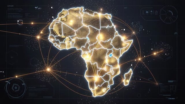 Futuristic glowing map of Africa with illuminated borders and network connections technology concept