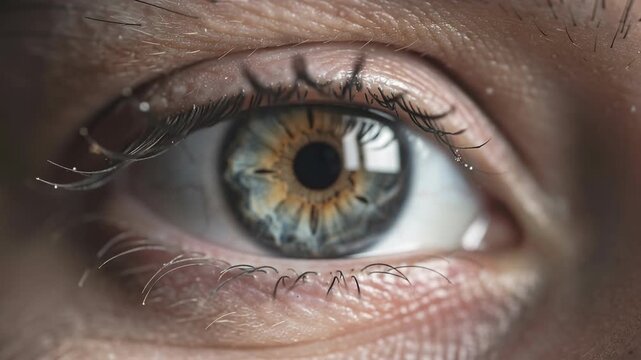 Close up of human eye with blue and brown iris detailed eyelashes skin texture