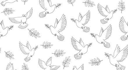 Seamless pattern of hand-drawn white doves flying with olive branches and green leaves symbolizing peace and hope on a white background.