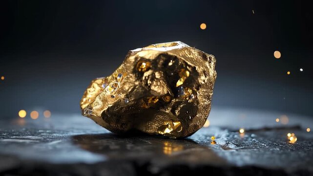 Close up of shiny natural gold nugget on dark surface with glowing light bokeh background