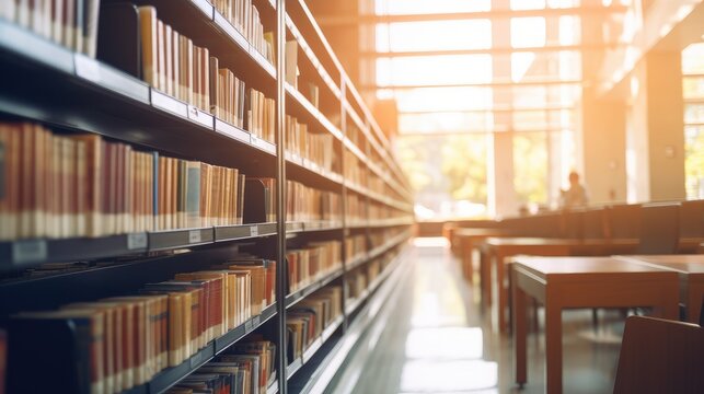 Shelves of books in a library or bookstore on a bright sunny day. Rows of various folios, printed publications.