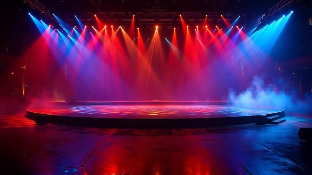 Empty stage with colorful lights and fog
