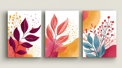 Obraz premium Botanical Art Harmony: A triptych of watercolor paintings captures the beauty of nature's delicate artistry, showcasing vibrant leaf forms and soft, abstract backgrounds.