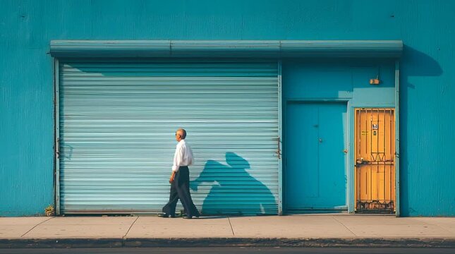 Man walking past teal industrial storefront and blue garage shutter with yellow security door urban sidewalk, standing checking phone sunlight shadow