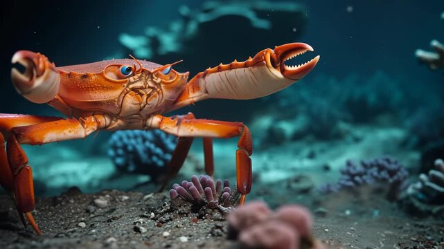 Close up of vibrant red crab underwater with coral reef and marine life in deep ocean habitat