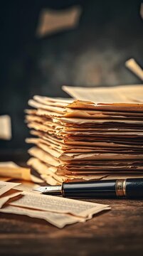 Stack of aged manuscript pages and fountain pen wooden table evoking nostalgic study and creative reflection aged paper stack and vintage fountain