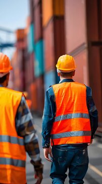 Construction worker safety vest hard hat dock shipping high visibility teamwork walking along container yard reflective vest helmet industrial focus