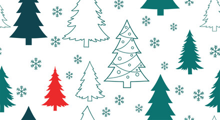 Seamless Christmas pattern featuring evergreen trees in various shades of green and red with delicate snowflakes falling on a white background.