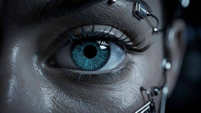 Close up of futuristic digital eye interface with biometric data and technology elements overlay