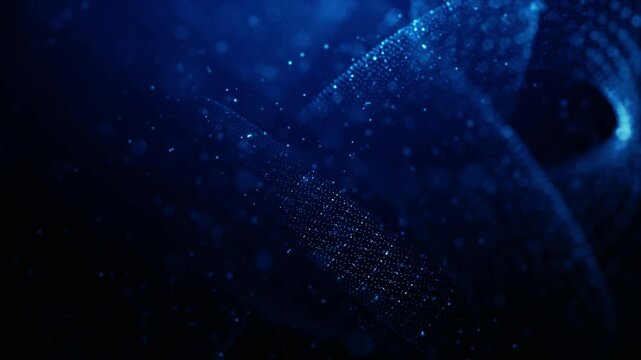 Abstract blue particle wave forming a twisting digital structure. Futuristic technology background symbolizing artificial intelligence, big data flow, quantum computing, and molecular structures.