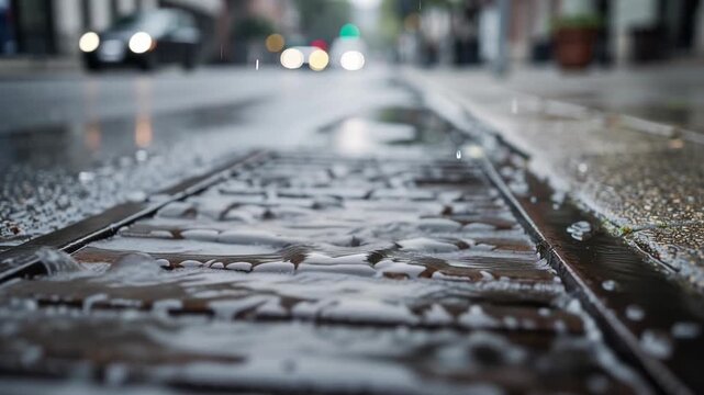 Close up of rainwater flowing on urban street drain with blurred city background and wet pavement