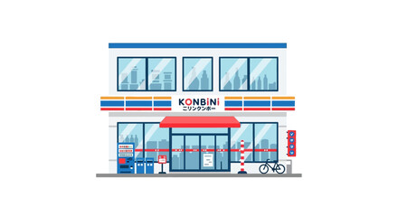 Obraz premium Modern Japanese Convenience Store Exterior with Vending Machine and Bicycle