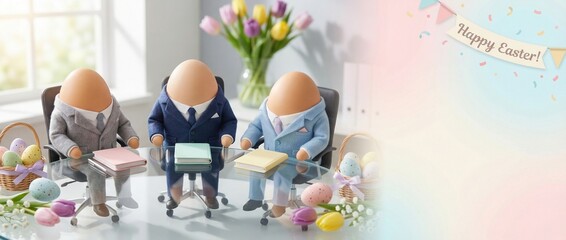 Three anthropomorphic eggs in suits sitting at a table with Easter decor  