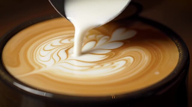 Pouring milk into coffee to create latte art, swirling foam pattern in a black cup