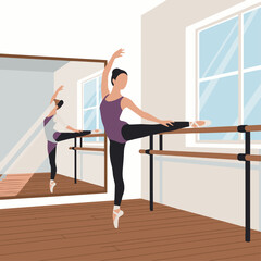 Fototapeta premium Ballet Dancer Practicing at Barre Flat vector illustration of a ballet dancer practicing stretches at a ballet barre in a dance studio. Large mirror and wooden floor visible. Flat vector style,