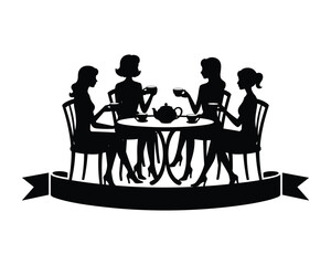 Fototapeta premium Four elegant women in silhouette enjoying a tea party together at a circular table indoors