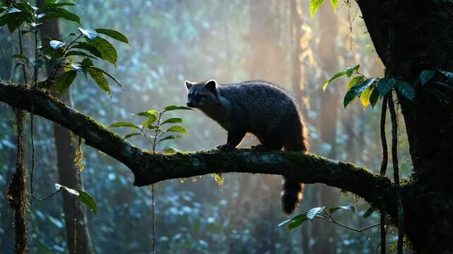 Binturong climbing on tree branch forest.