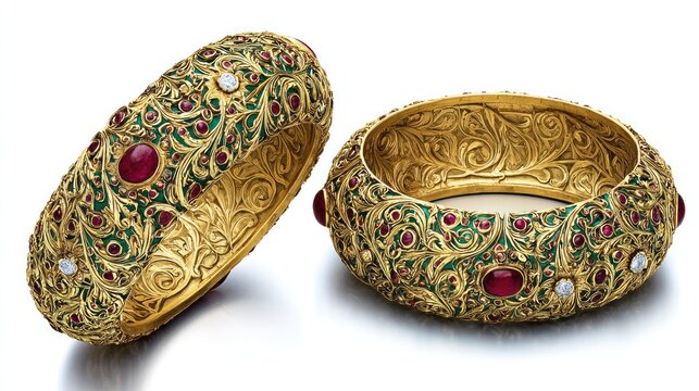 Ornate gold bangles adorned with vibrant rubies, pearls, and intricate green enamel detailing