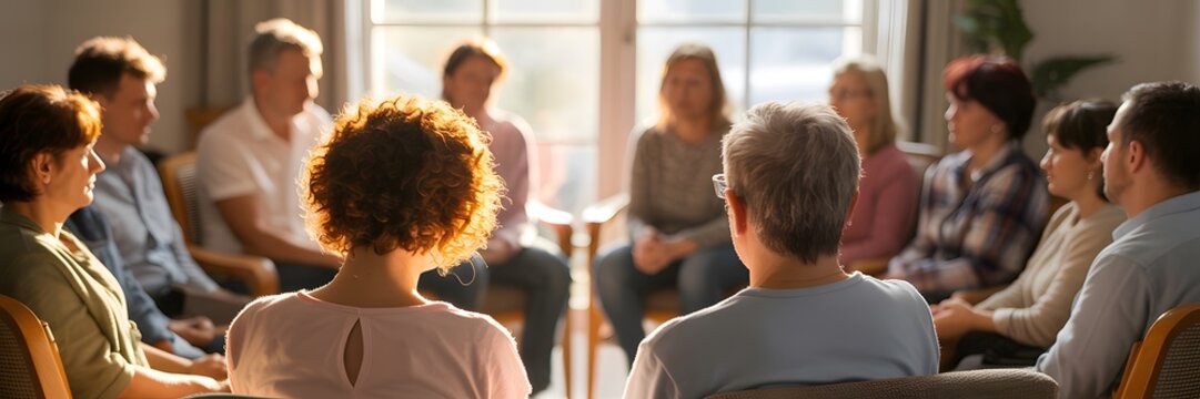 Group of people sitting in a circle for a meeting or discussion session indoors