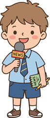 Kid reporter holding microphone and notepad cartoon character illustration