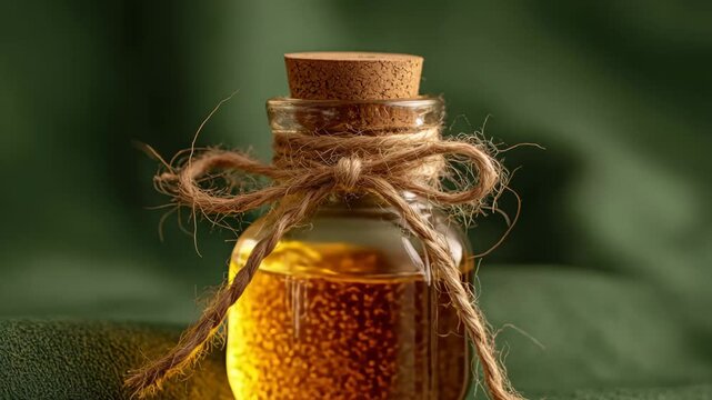 A small bottle filled with a clear liquid, placed on a plain surface.