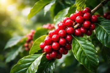 Obraz premium Ripe red coffee cherries growing on green branch of coffee plant in sunshine