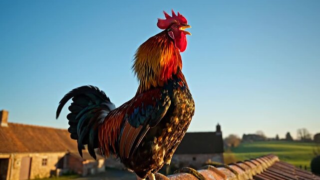 Colorful rooster crowing on a farm roof at sunrise